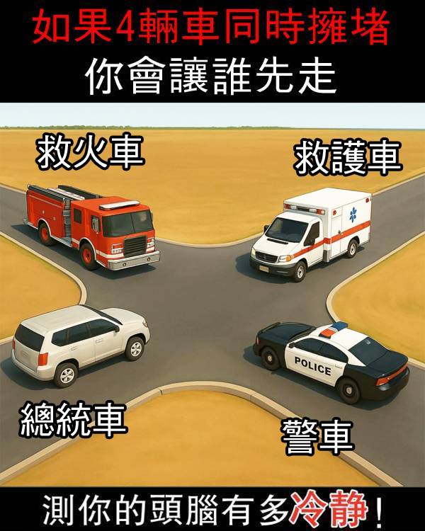 如果4輛車同時塞車，你會讓誰先走，測你頭腦有多冷靜！