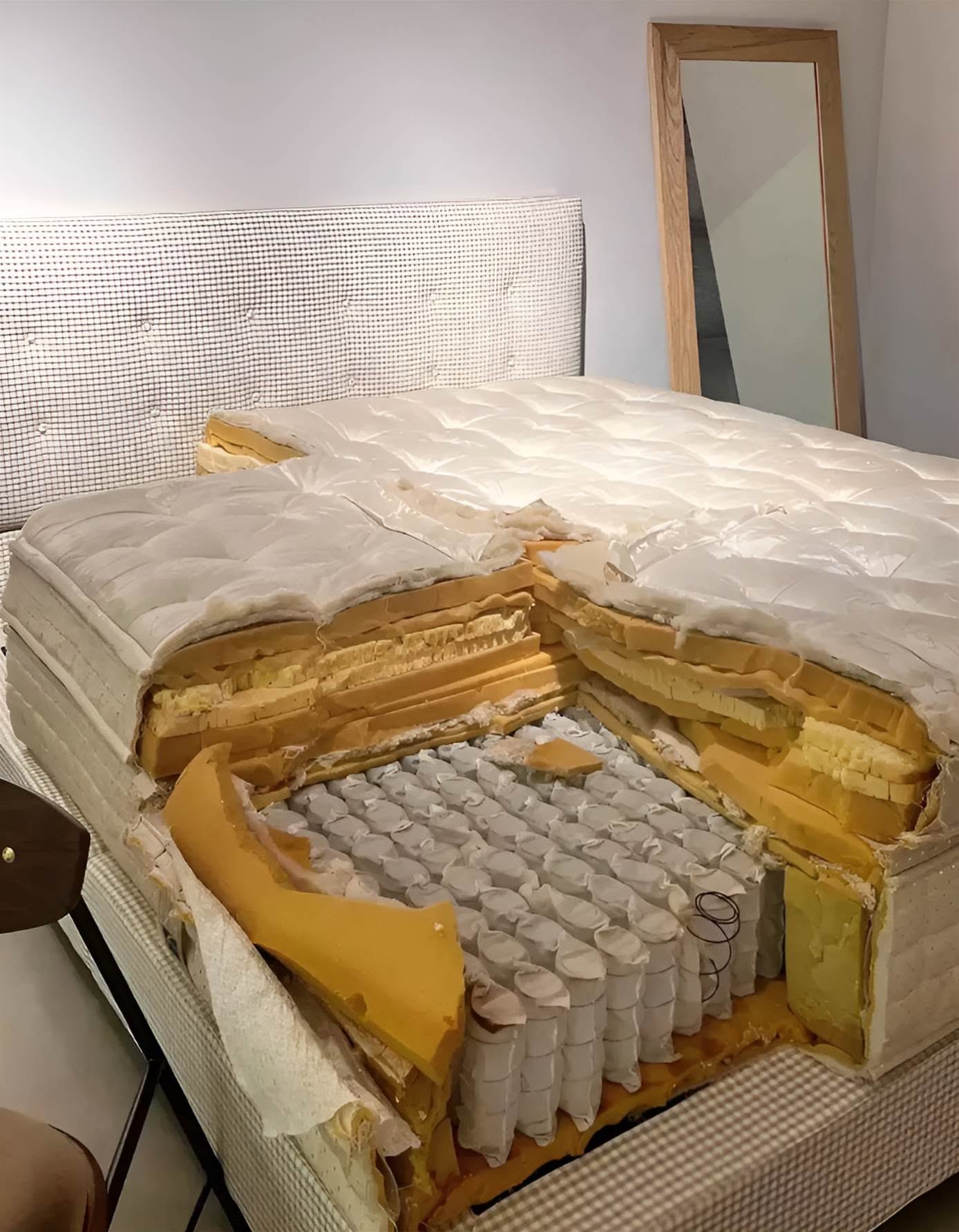 男子網購床墊「睡著不舒服」,用刀切開後一看,頓時傻眼了