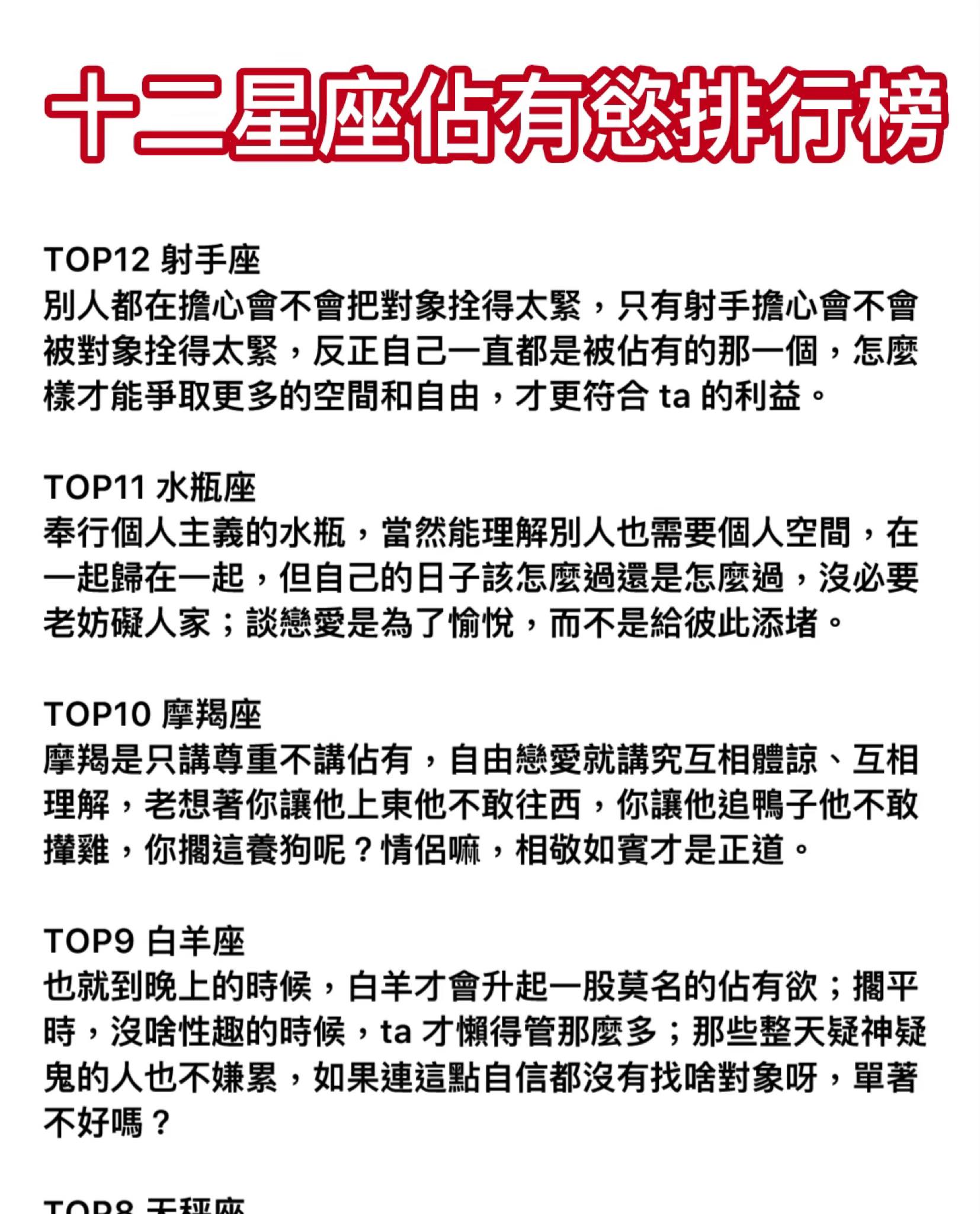 十二星座佔有慾排行榜!