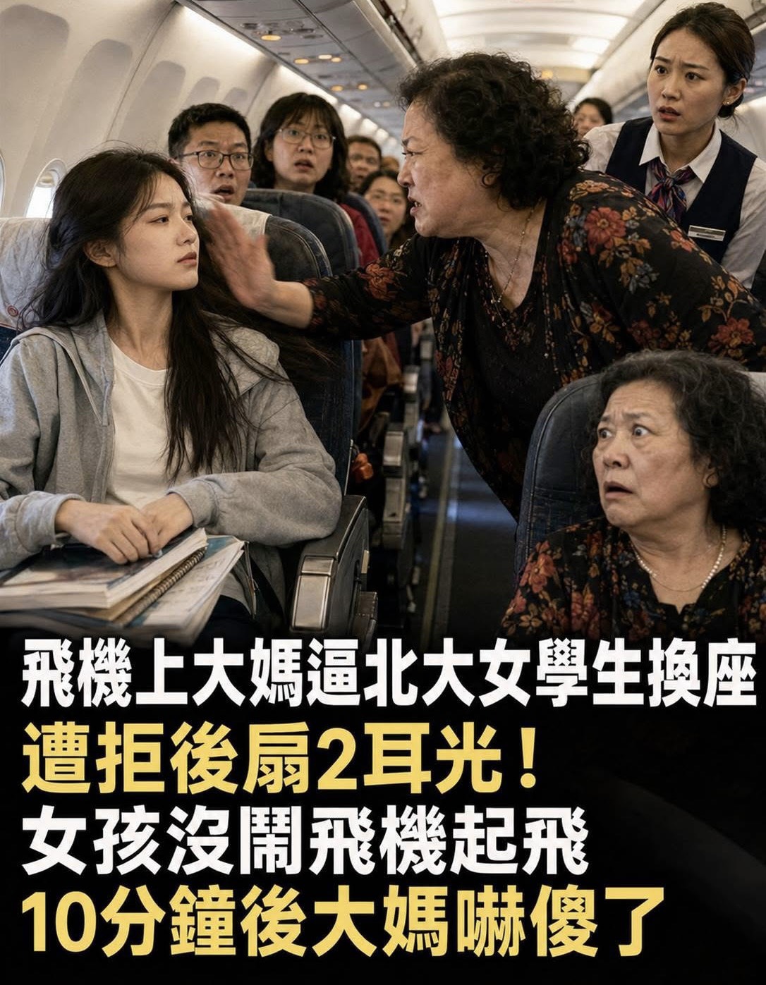 飛機上大媽逼北大女學生換座，遭拒後扇2耳光！女孩沒鬧飛機起飛，10分鐘後大媽嚇傻了