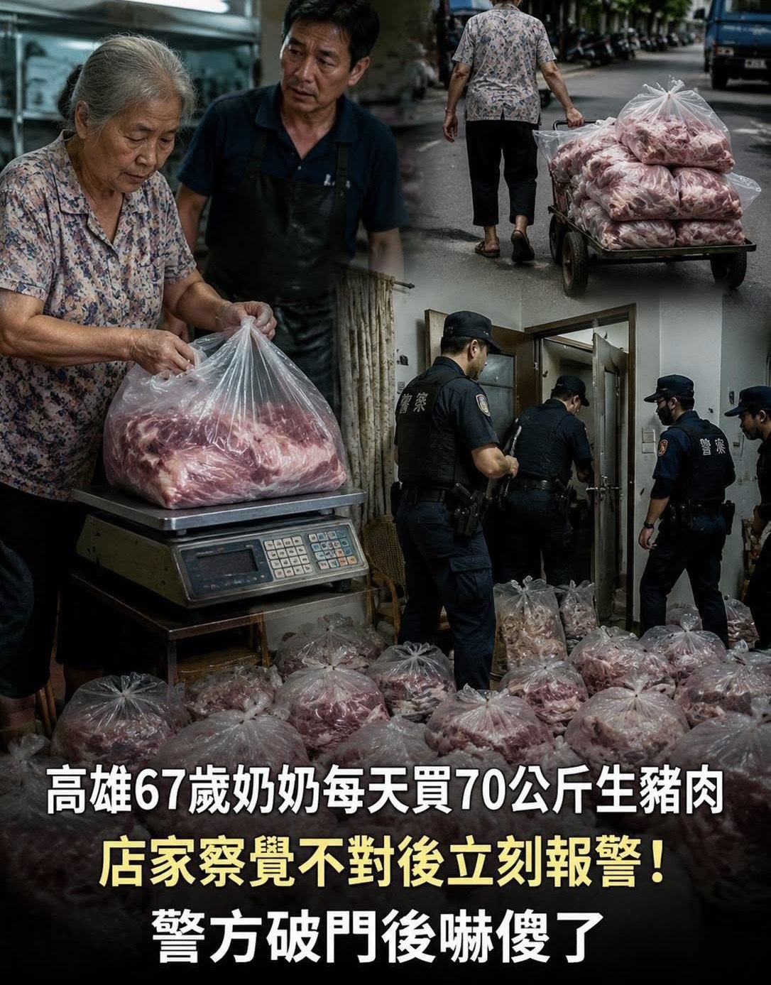 高雄67歲奶奶每天買70公斤生豬肉，店家察覺不對後立刻報警！警方破門後嚇傻了