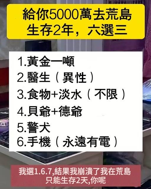 給你5000萬去荒島，六選三