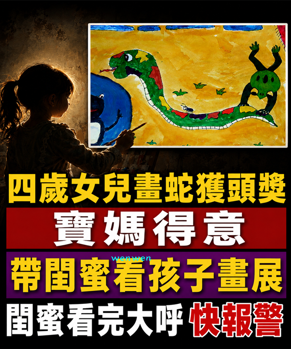 四歲女兒畫「蛇」獲頭獎,寶媽得意帶閨蜜「看孩子畫展」閨蜜看完大呼:快報警