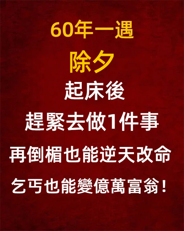 60年一次!「除夕」起床後「趕緊做1事」再倒楣也能逆天改命,乞丐也能變富翁!