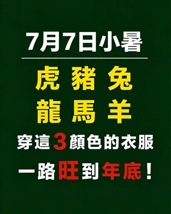 7月7日小暑(虎豬兔龍馬羊)　穿這3顏色的衣服，一路旺到年底！