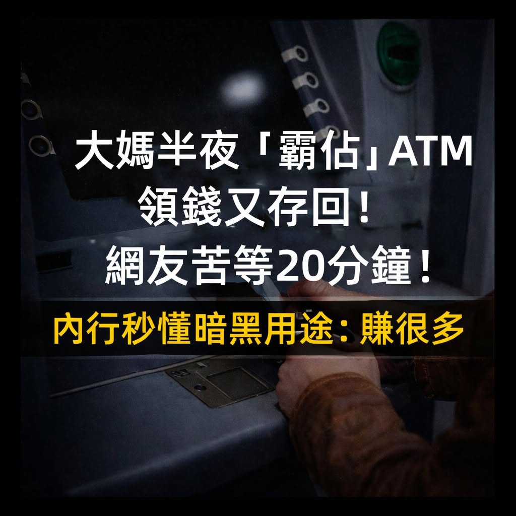 大媽半夜「霸佔」ATM「領錢又存回」！網友苦等20分鐘!內行秒懂暗黑用途：賺很多