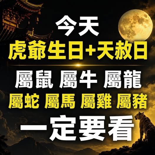 今天虎爺生日+天赦日「屬鼠 屬牛 屬龍 屬蛇 屬馬 屬雞 屬豬 」一定要看!