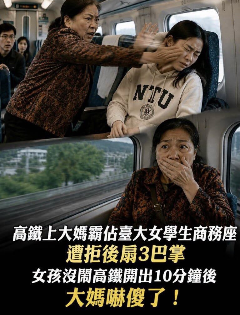 高鐵上大媽霸佔臺大女學生商務座，遭拒後扇3巴掌，女孩沒鬧高鐵開出10分鐘後，大媽嚇傻了！