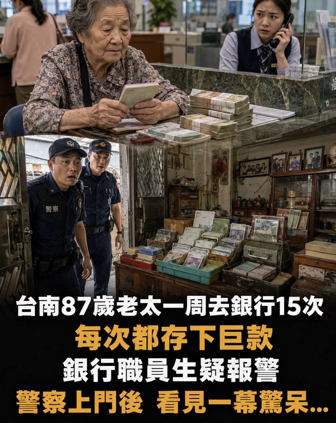 臺南87歲老太一週去銀行15次，每次都存下鉅款，銀行職員生疑報警，警察上門後看見一幕驚呆…