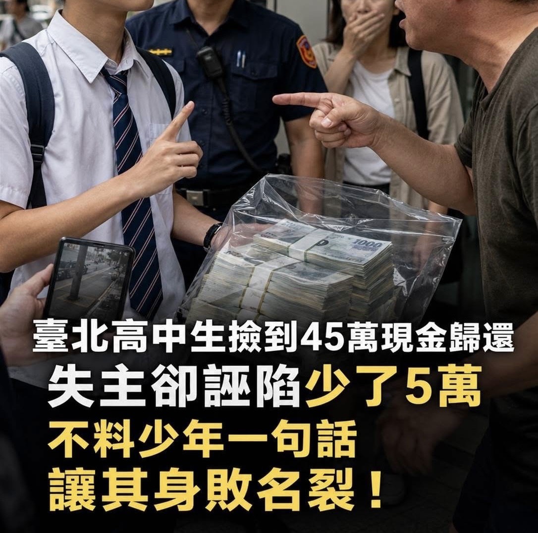 臺北高中生撿到45萬現金歸還，失主卻誣陷少了5萬，不料少年一句話，讓其身敗名裂！