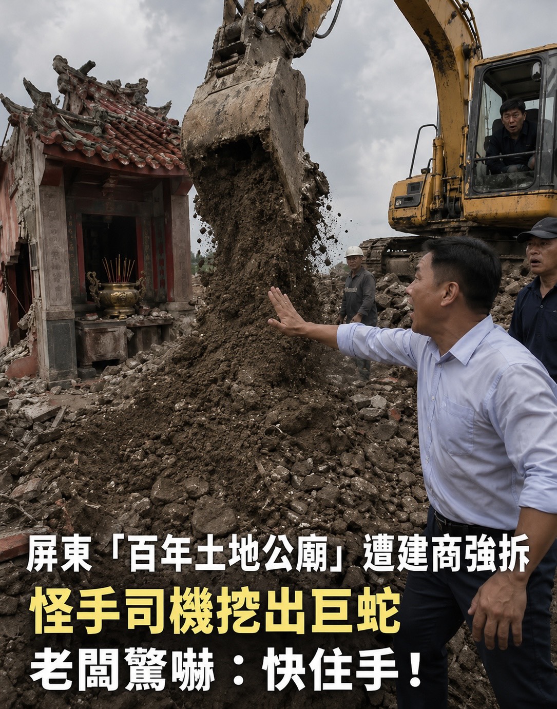 屏東「百年土地公廟」遭建商強拆，怪手司機挖出巨蛇，老闆驚嚇：快住手！
