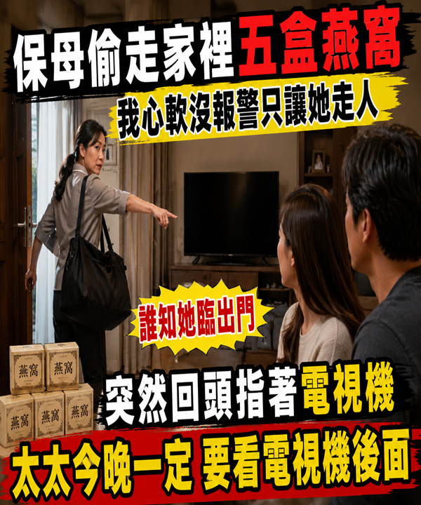 保母偷走家裡五盒燕窩，我心軟沒報警只讓她走人，誰知她臨出門突然回頭指著電視機：太太，今晚一定要看電視機後面