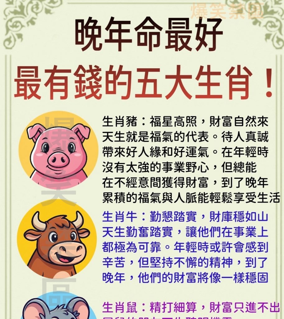 晚年命最好，最有錢的五大生肖！
