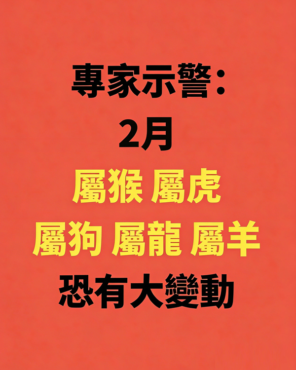 專家示警：2月「屬猴 屬虎 屬狗 屬龍 屬羊」恐有大變動