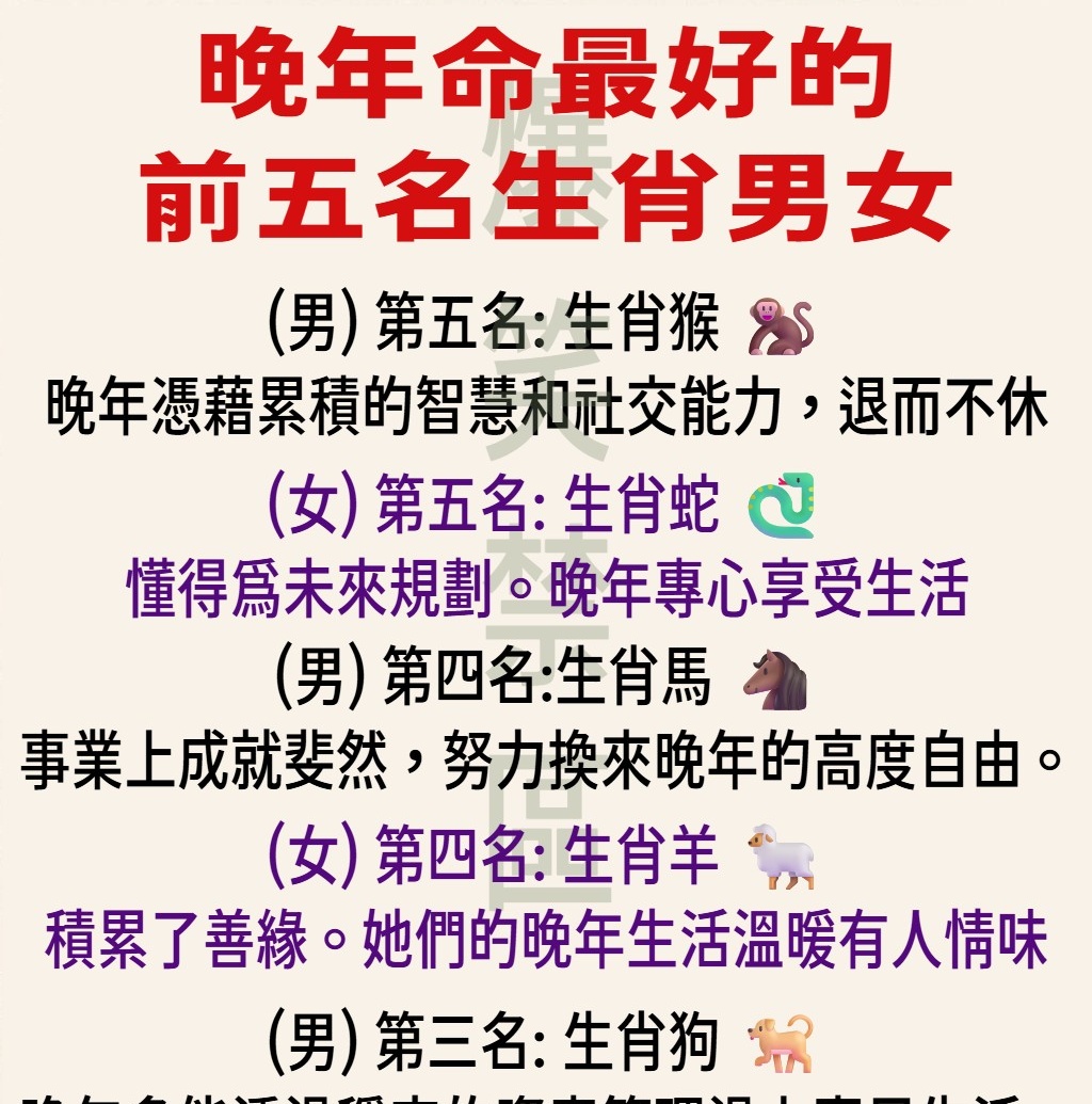 晚年命最好前五名生肖男女