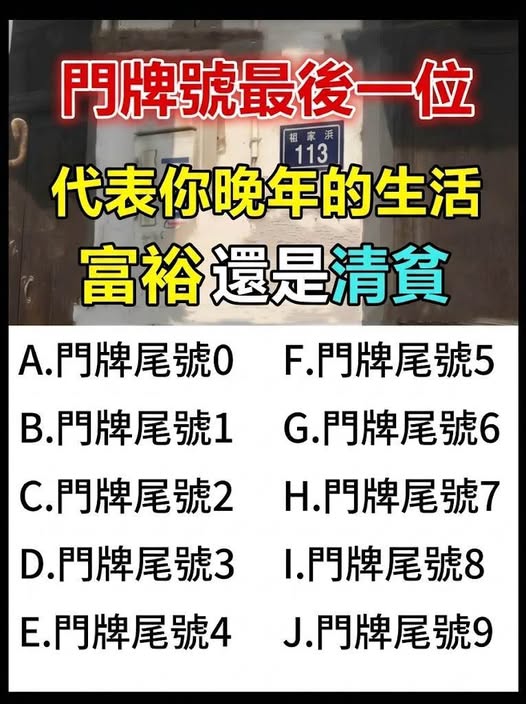 門牌號最後一位數，代表你晚年的生活富裕還是清貧！