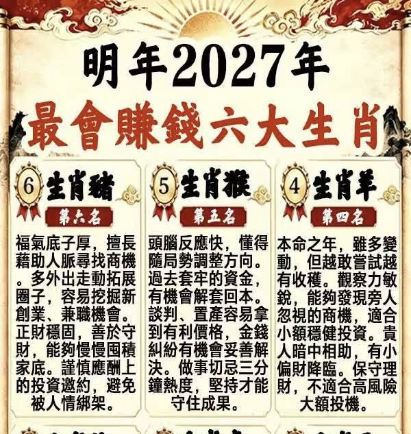 明年2027年最會賺錢六大生肖！