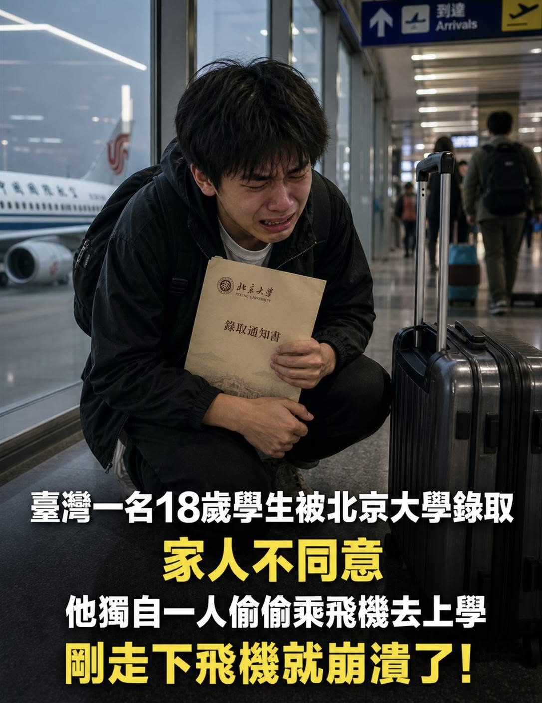 台灣一名18歲學生被北京大學錄取，家人不同意，他獨自一人偷偷乘飛機去上學，剛走下飛機就崩潰了！