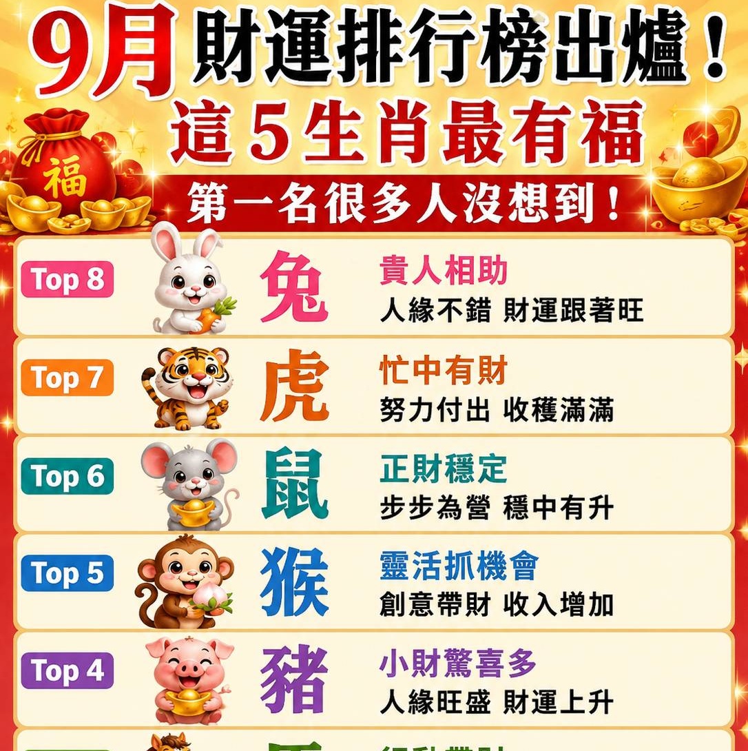 9月財運排行榜出爐！這5生肖最有福，第一名很多人沒想到