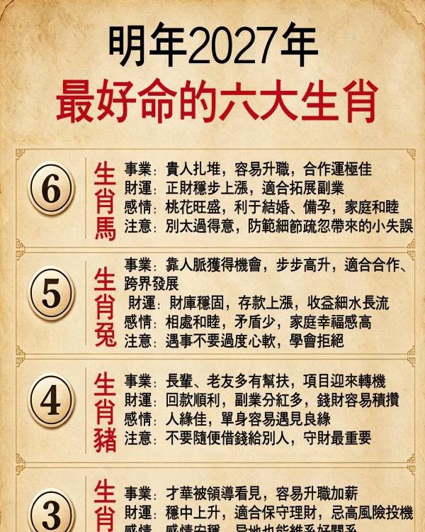 明年2027年最好命6大生肖！