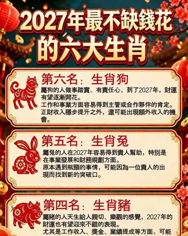 2027年最不缺錢花的6大生肖！財運一路旺，貴人來幫忙，日子越過越富！