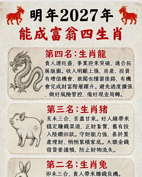 明年2027年能成富翁四大生肖