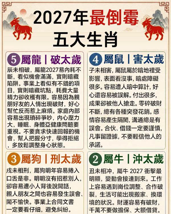 明年2027年最倒霉五大生肖！這五個生肖千萬小心！尤其是第一名，再忙再也要看看！